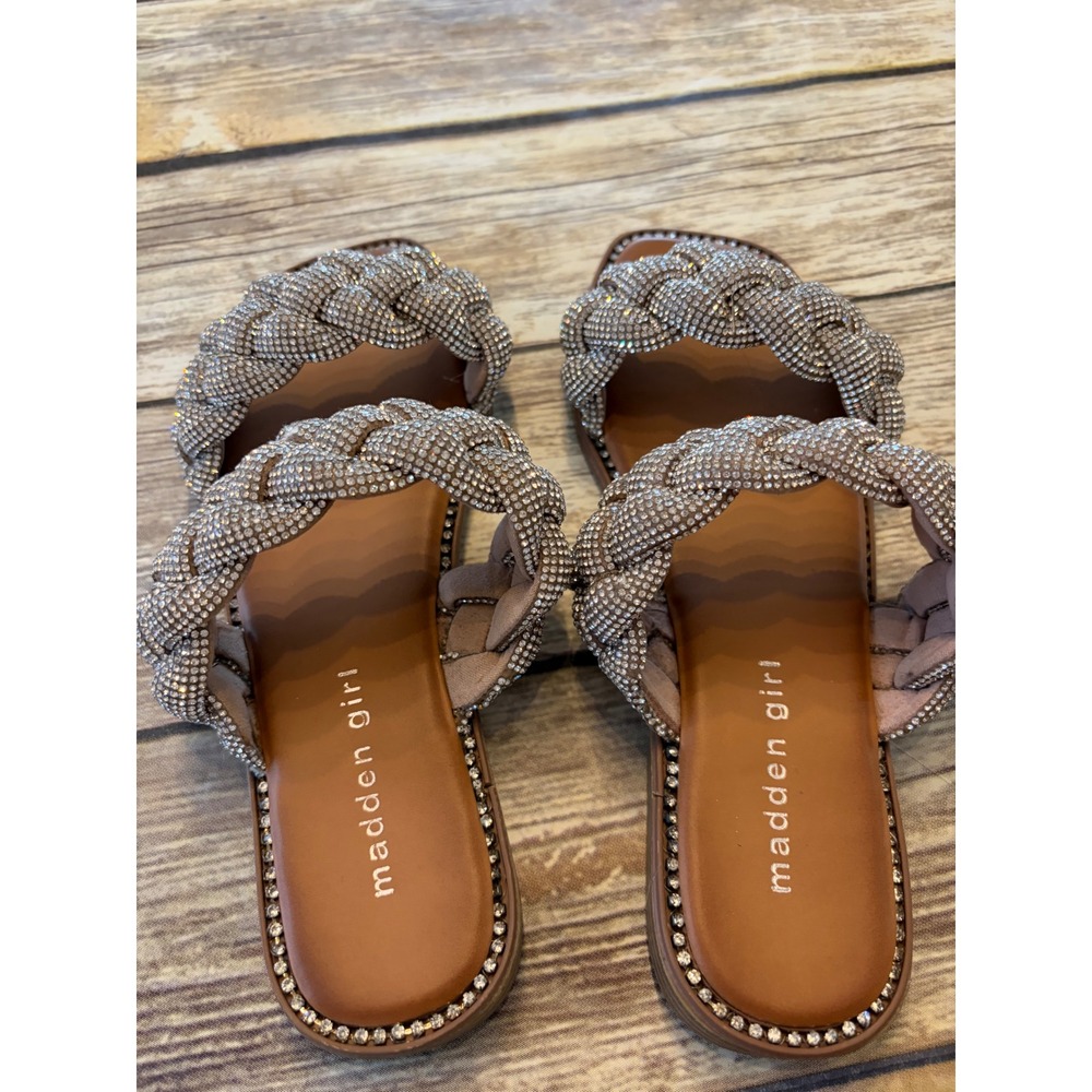 Madden Girl 6.5 Rhinestone Braided Slide Sandals Square Toe Silver Tan Resort - Picture 3 of 5